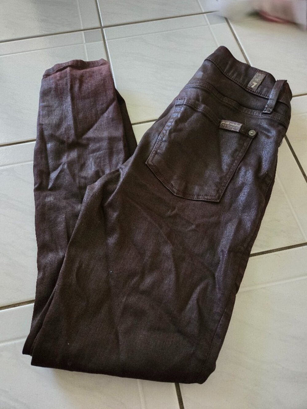7 For All Mankind Brown Coated Skinny Jeans 26